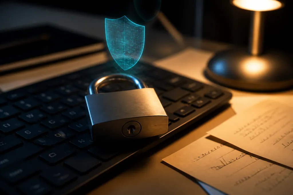 A steel padlock on a keyboard with a faint teal holographic shield above it