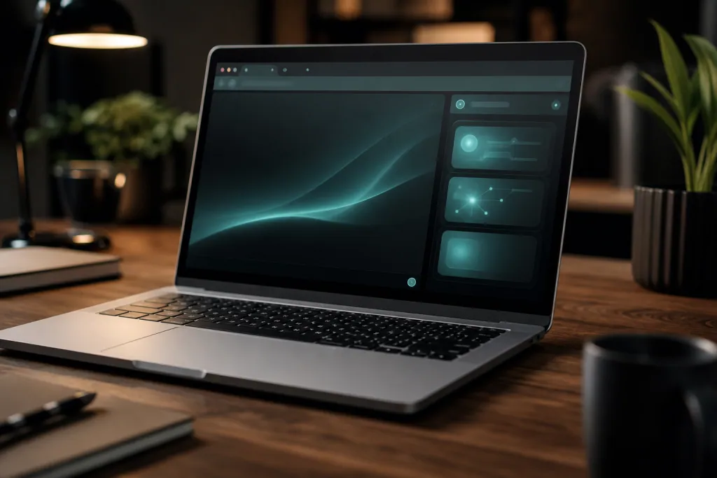 A laptop on a walnut desk with a dark browser interface and glowing AI sidebar cards