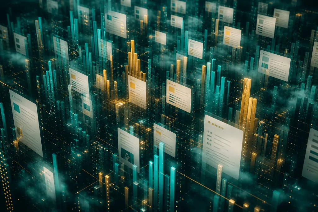 Aerial view of floating search ranking bars rising and falling in teal and gold light