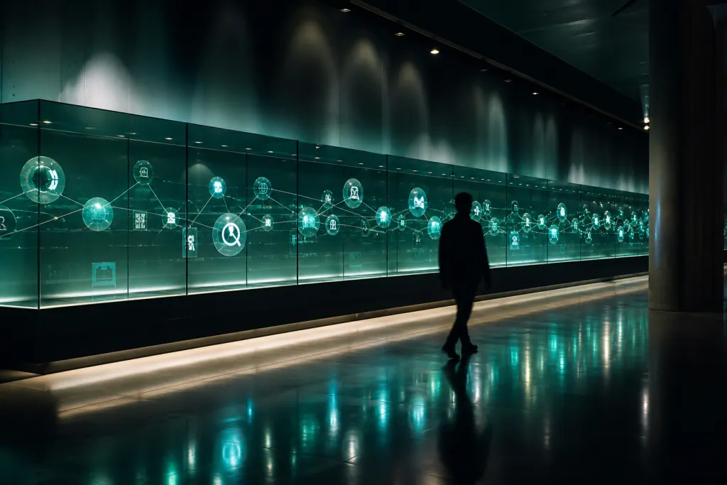 A glowing teal timeline sculpture in a dark gallery, representing major changes to search