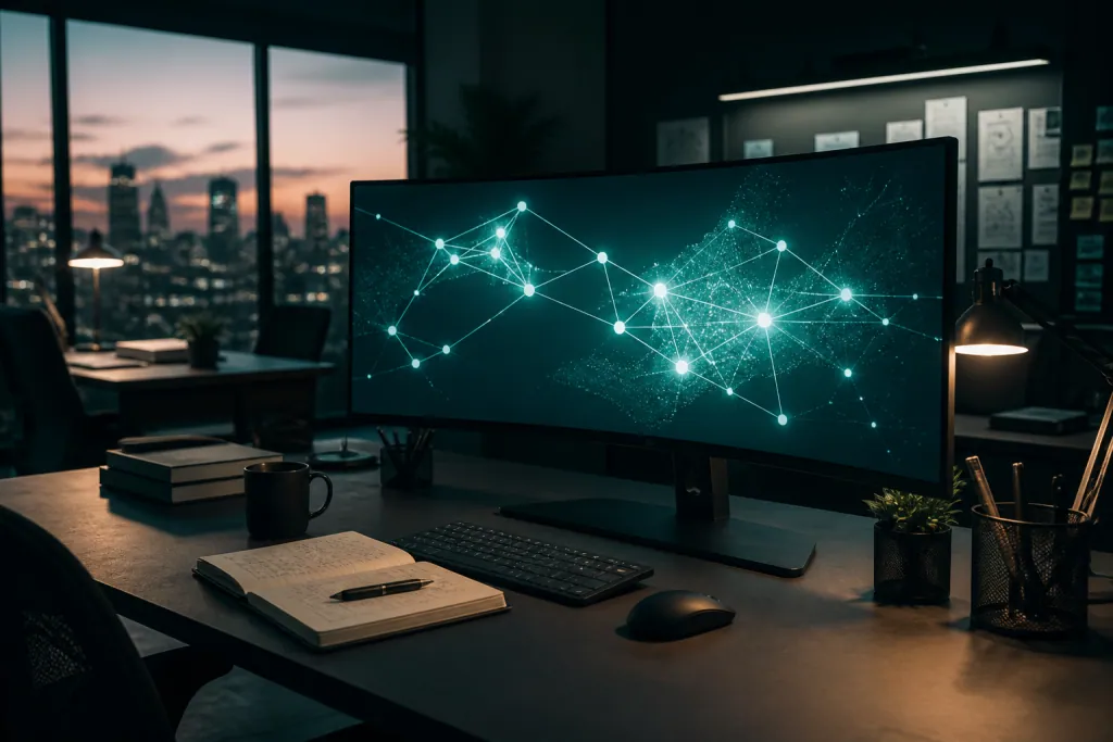 A digital studio desk with an ultrawide display showing abstract AI search connections in teal light