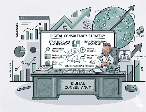 Digital and AI consultancy illustration — strategic guidance across design, development, AI and commercial growth