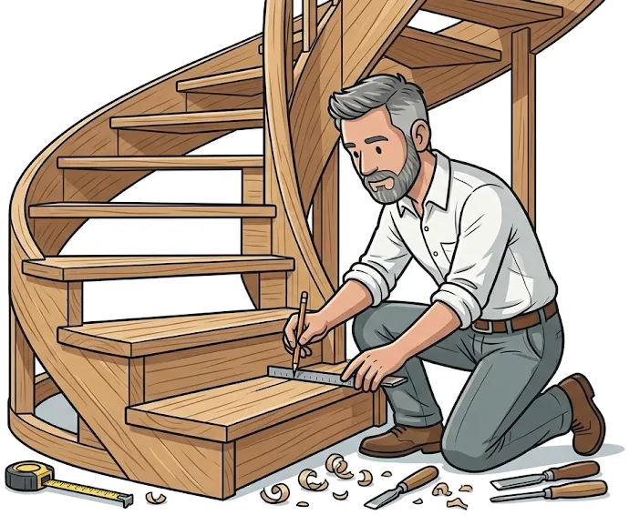 Illustration of a staircase carpenter measuring a bespoke wooden stair
