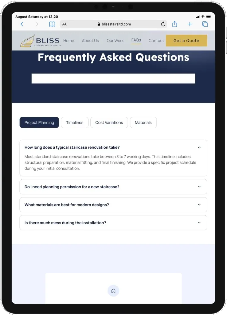 Bliss Stairs FAQs on a tablet