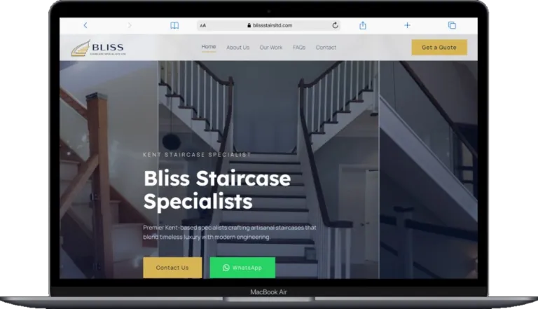 Bliss Staircase Specialists homepage on a laptop