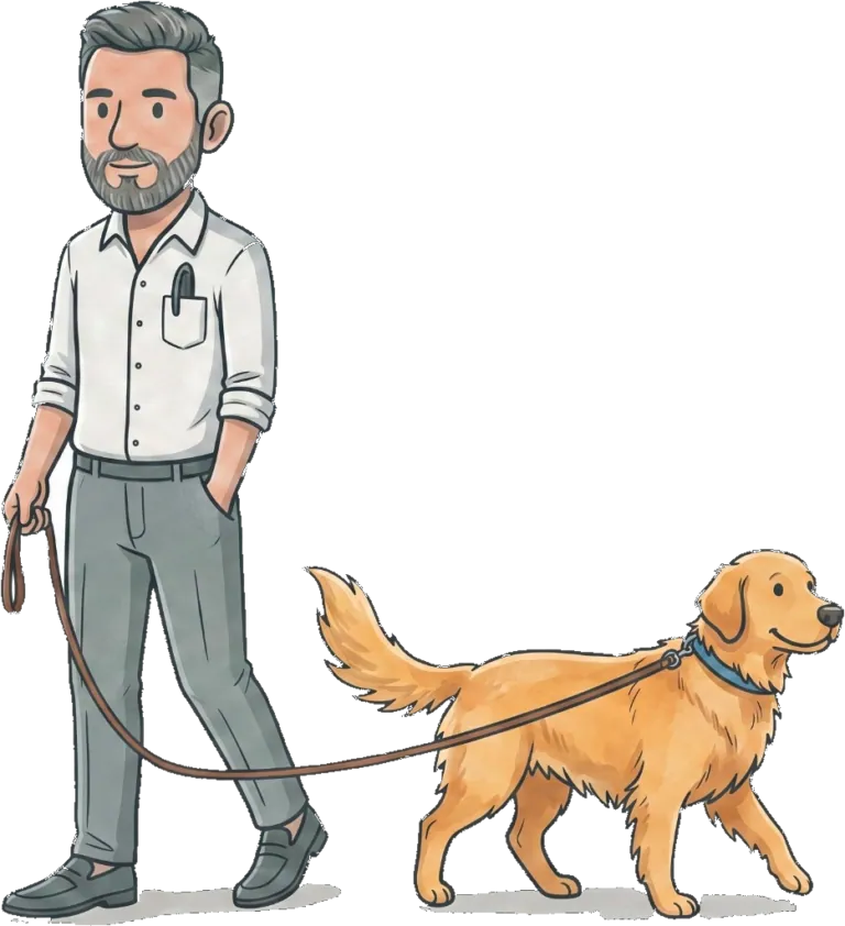 Illustration of Gareth walking a golden retriever