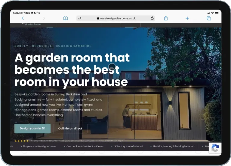 My Retreat Garden Rooms studio page on a tablet