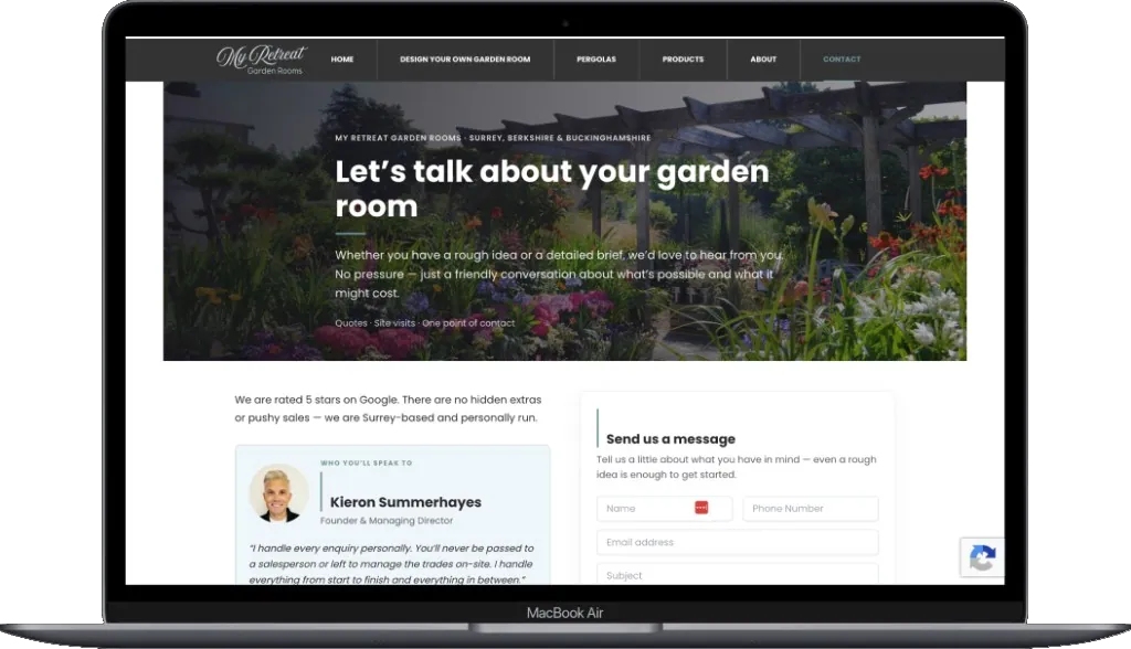 My Retreat Garden Rooms contact page on a laptop