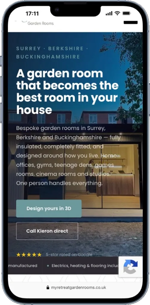 My Retreat Garden Rooms homepage on a phone