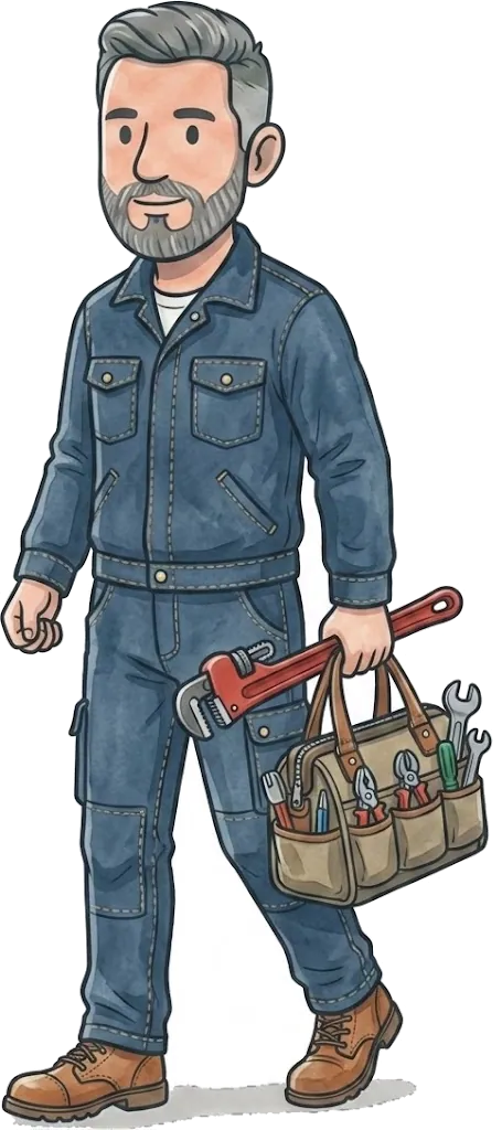 Illustration of a Gas Safe heating engineer with a tool bag and pipe wrench