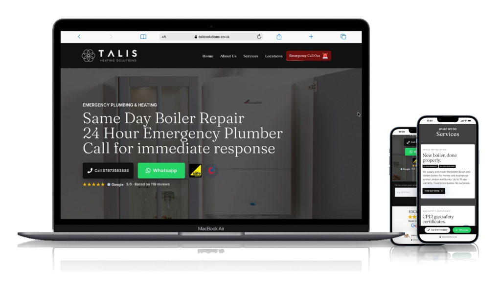 Talis Heating Solutions website shown on laptop and smartphones