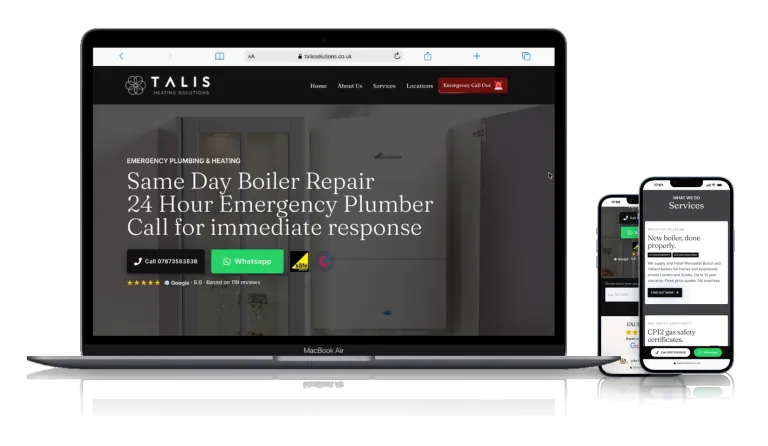 Talis Heating Solutions website on a laptop