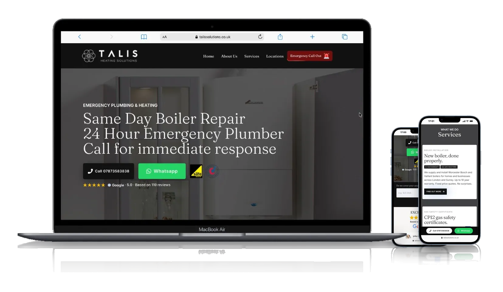 Talis Heating Solutions website shown on laptop and smartphones