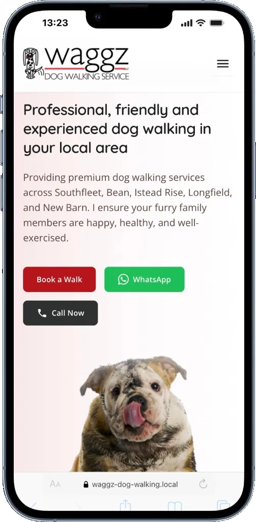 Waggz Dog Walking website on a phone