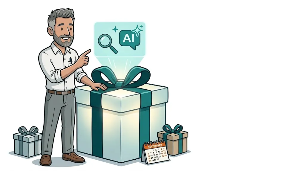 Shop owner pointing to an AI search icon beside gifts and a September calendar