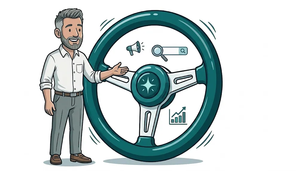 Illustrated man in a white shirt standing beside a giant teal steering wheel with search, megaphone and growth-chart icons, representing the Google Ads AI Max upgrade.