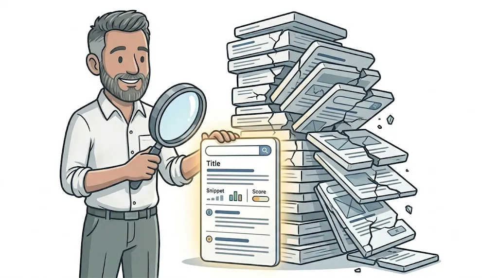 Illustration of a man steadying one solid search-result card while a stack of others topples around him, representing the Google August 2026 spam update ranking shake-up.