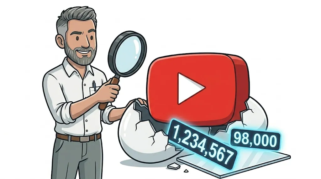 Illustration of a man examining a cracked-open YouTube play button revealing two different view-count numbers, representing the 2026 YouTube view count change.